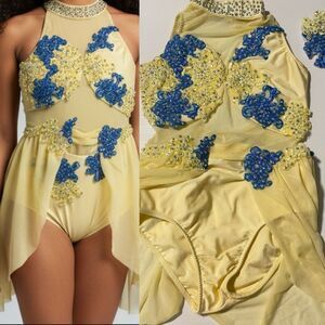 Glamour solo dance costume 2 piece yellow blue embellished MC child